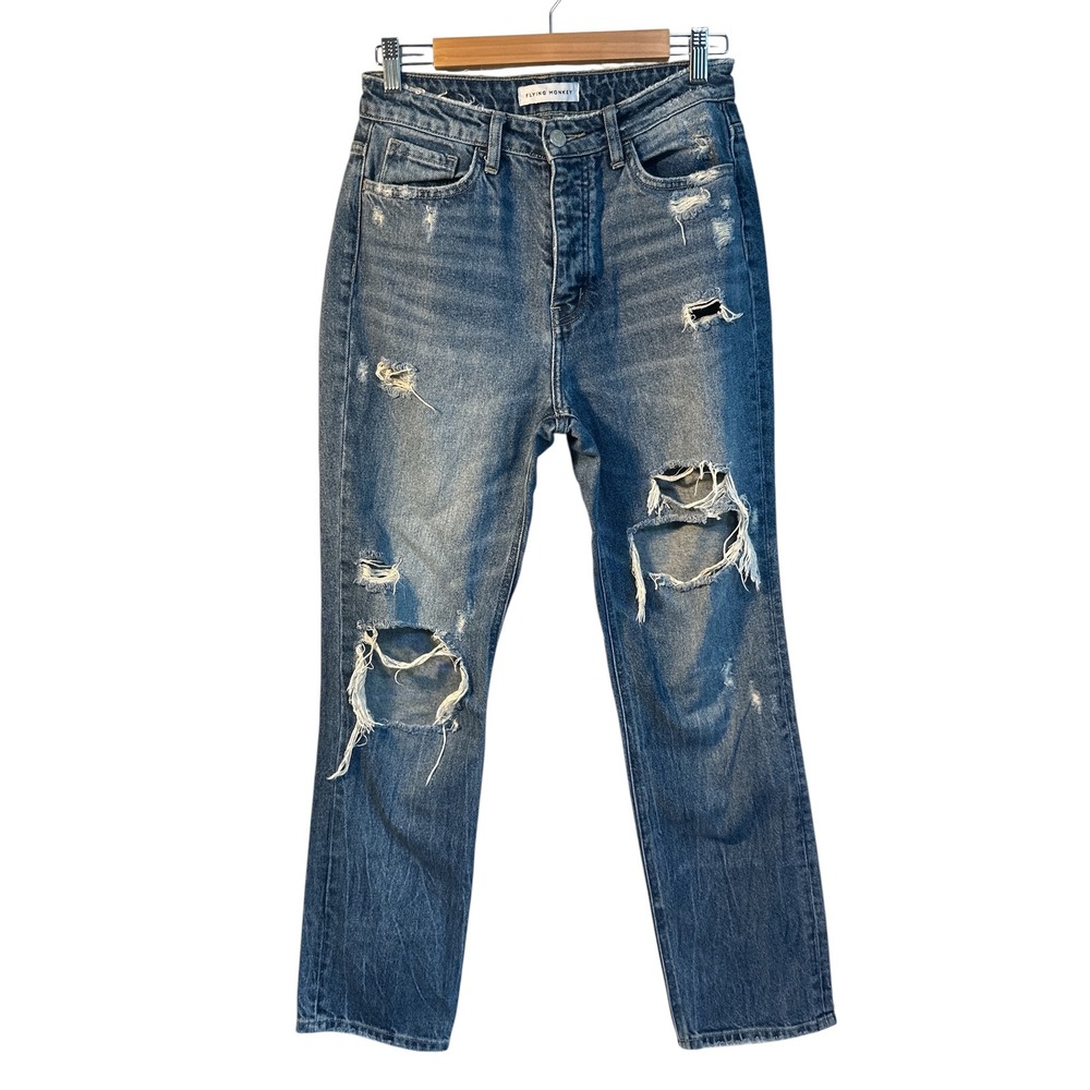Flying Monkey Women's Distressed High Rise Straight Leg Jeans Blue